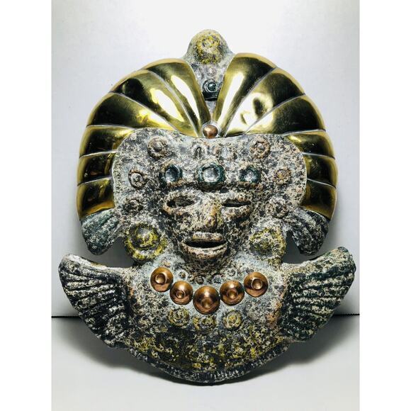 Vintage Aztec Deity Stone, Copper And Brass mask - Picture 1 of 11